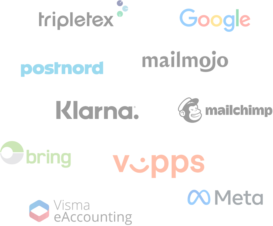Bilde som viser flere logoer fra kjente leverandører innen betaling, frakt, regnskap og annonsering.
