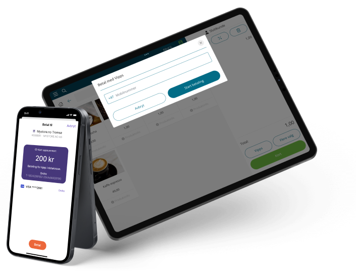 Kassesystemet Datakasse fra Mystore på en iPad og iPhone og betalingsleverandøren Vipps.